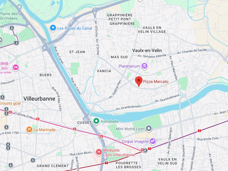 Villeurbanne Vaulx-en-Velin : Carte Pizza Mercato et Planétarium. Carte détaillée de Villeurbanne/Vaulx-en-Velin montrant Pizza Mercato (Av. Gabriel Péri), le Planétarium et le Canal.