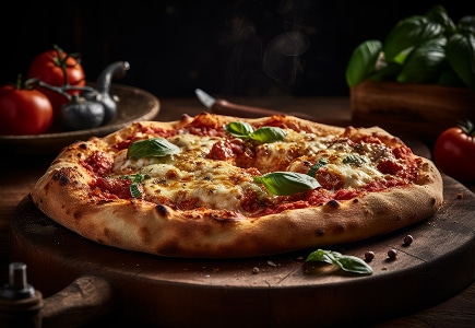 Pizza Margherita, chaude et savoureuse sur planche de bois Pizza napolitaine Margherita fumante sur planche en bois. Croûte dorée, mozzarella fondue, basilic frais. Ambiance rustique et sombre.