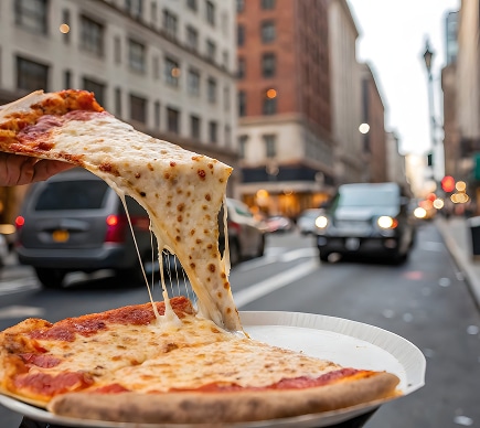 Pizza Fondante : La meilleure tranche à déguster en rue. Tranche de pizza pepperoni et fromage bien chaude, avec de longs fils de mozzarella fondante sur fond de rue urbaine animée.
